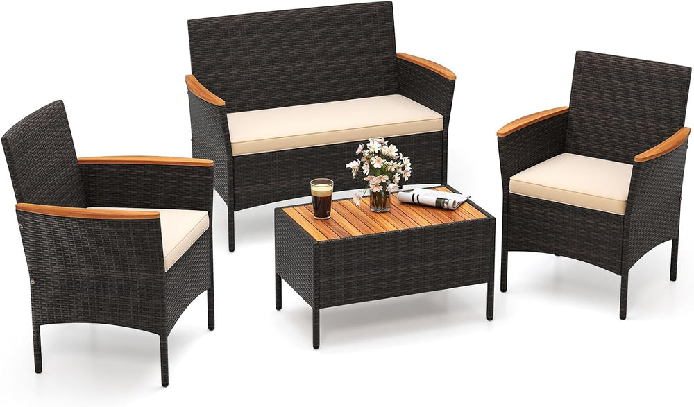 Tangkula 4 Pieces Patio Wicker Sofa Set, 2 Rattan Chairs & Loveseat w/Cof...