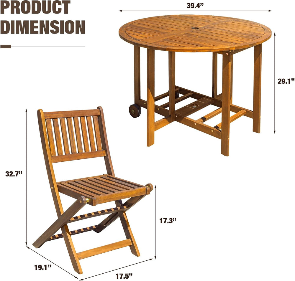 Devoko Acacia Wood Outdoor Patio Folding Table and Chairs Set for 4
