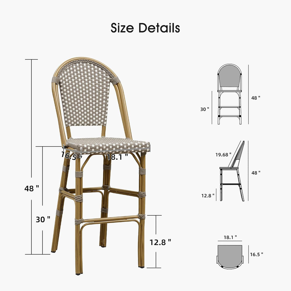 PURPLE LEAF Bar Stools French Bistro Rattan 30" Set of 2 Kitchen, Grey