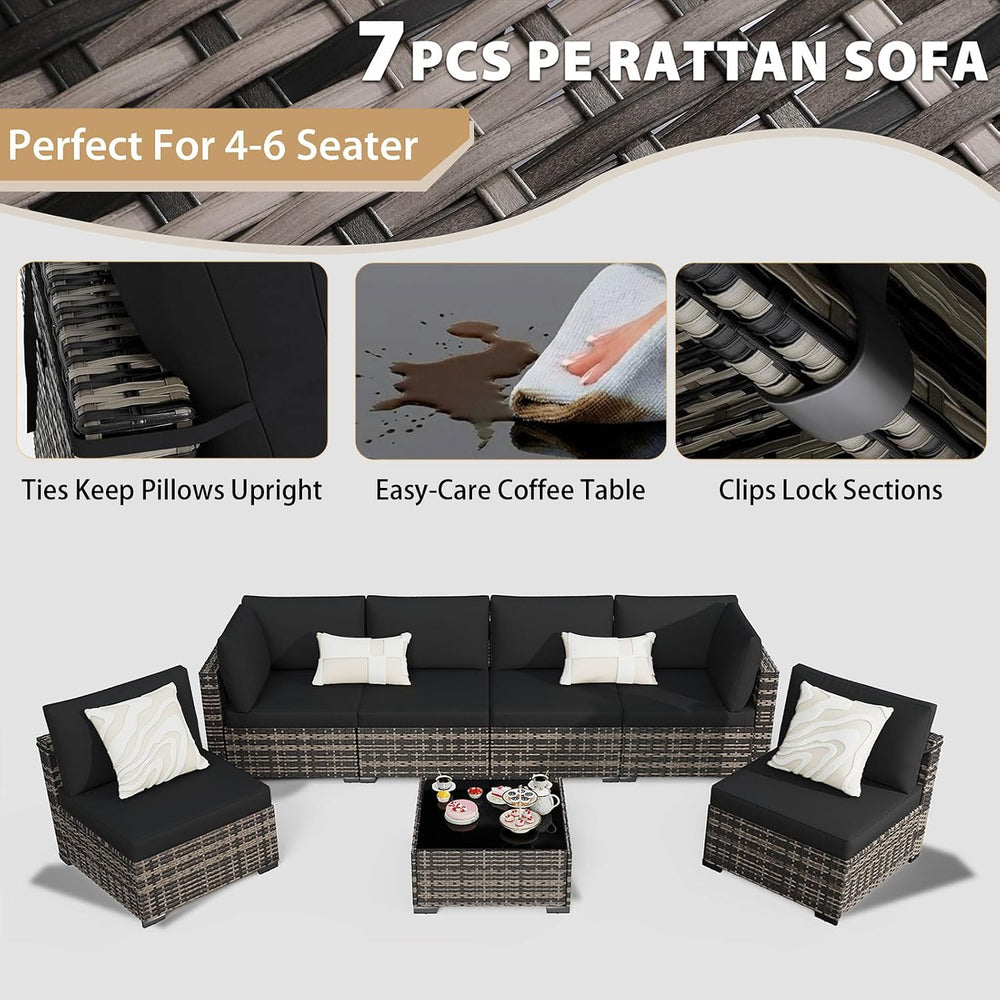 KIGOTY 7-Piece Patio Furniture Set, All-Weather PE Rattan Outdoor Sectional S...