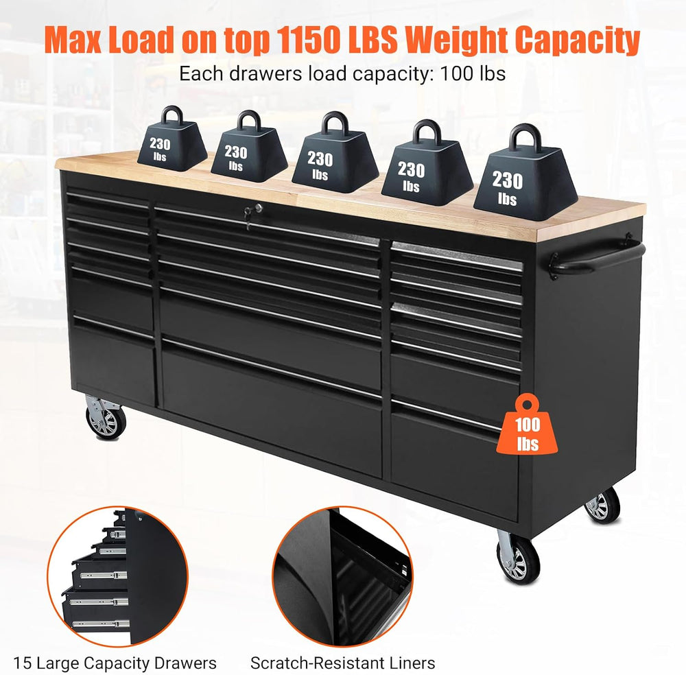 72" Heavy-Duty Rolling Tool Chest & Garage Workbench with 15 Drawers...