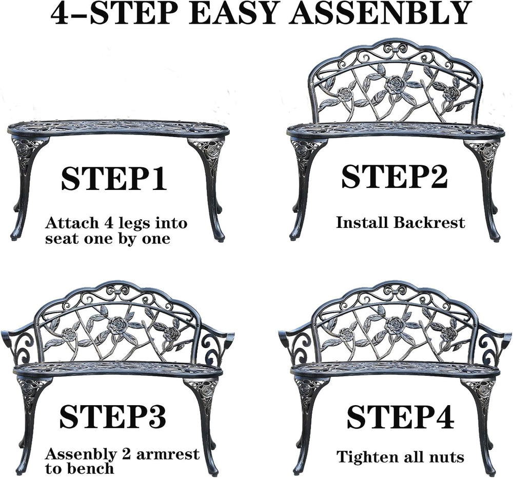 Cast Aluminium Outdoor Bench, Rose Garden Bench for Patio,Park,Lawn,Yard(Bronze)