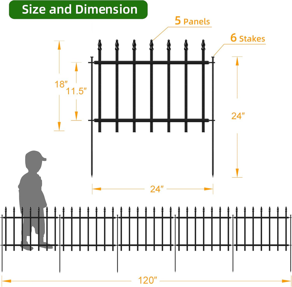 Decorative Metal Garden Fence 18" x 10', Small Fence Border with Stakes