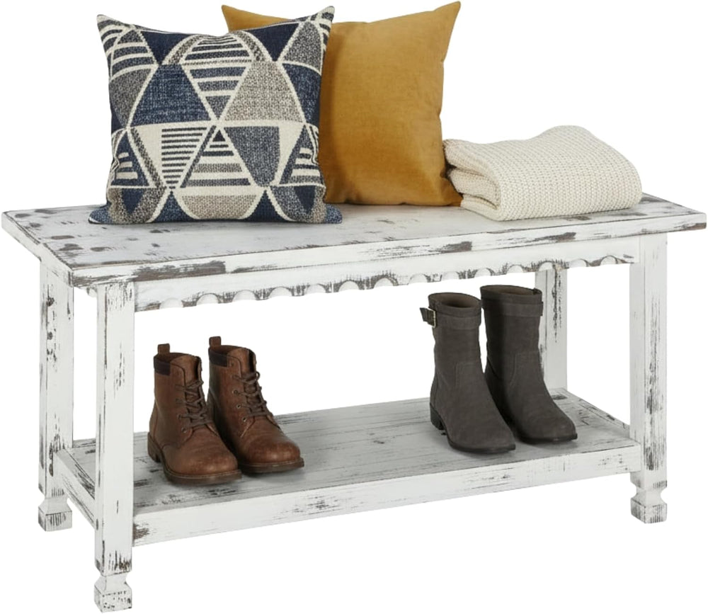 Country Cottage 36-Inch Farmhouse Entryway Bench with Storage Shelf – Solid P...