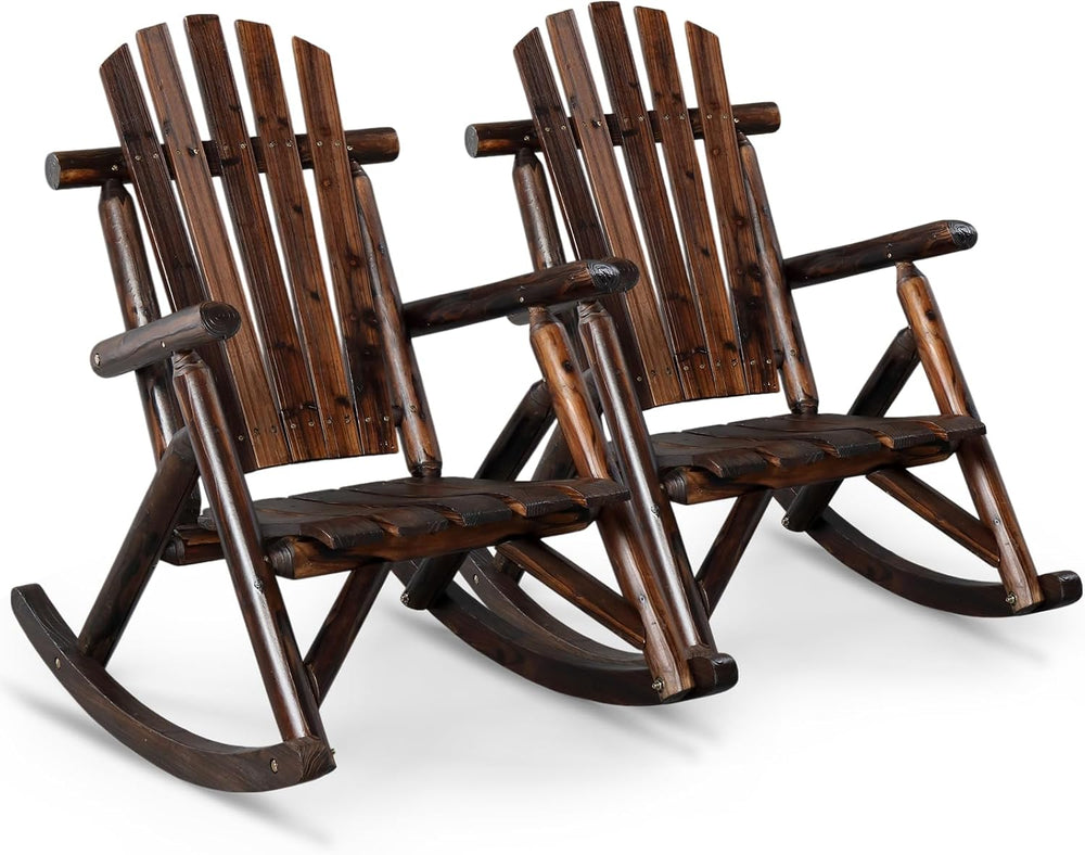 Outvita Wooden Rocking Chair Set of 2, Fir Log Adirondack, Dark Brown