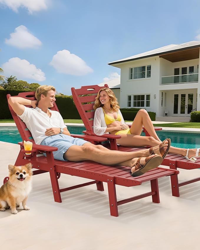 Carauci Lounge Chair Outdoor Set of 4, HDPE Chaise Lounge with Wheels, 5-Posi...