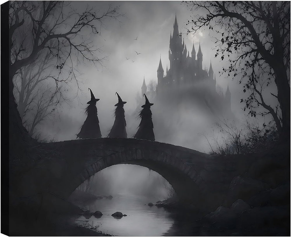 Framed Halloween Witch Canvas Wall Art, Black White Haunted Mansion Bridge Sc...