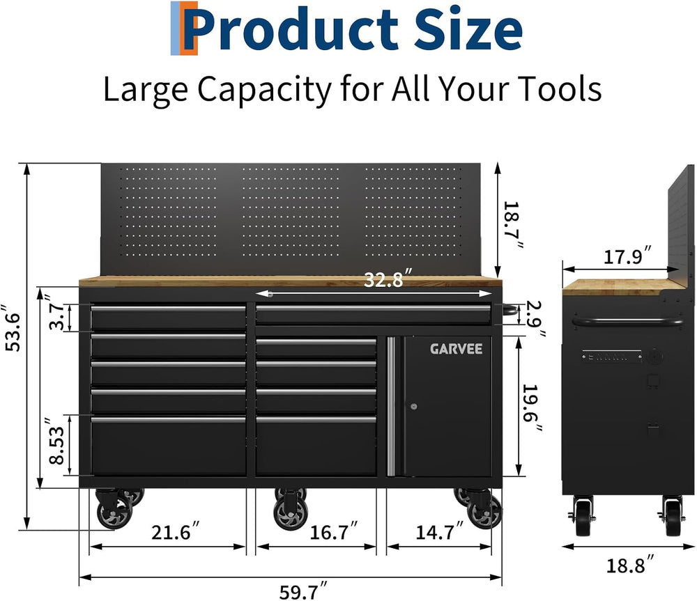 60 Inch Rolling Tool Chest Workbench, 10 Drawer Tool Box with Pegboard & ...