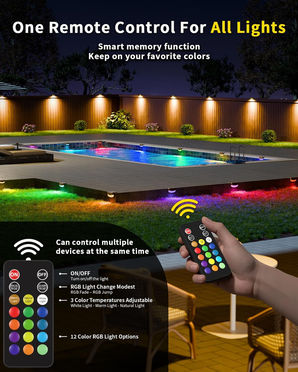 12 Pack Color Changing Solar Fence Lights with Remote, Solar Deck Lights
