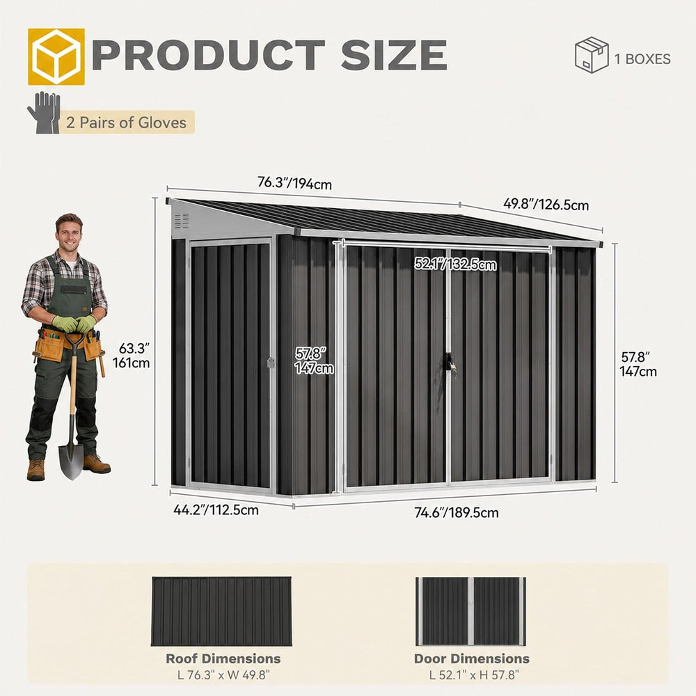 DWVO 7x4 FT 3-Door Storage Shed, Lockable Metal for Bike - Dark Gray