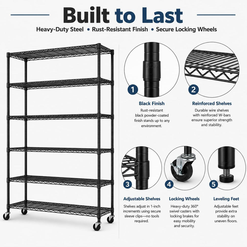 6-Tier Wire Shelving Unit with Wheels, 45 x 18 x 82 in, Black