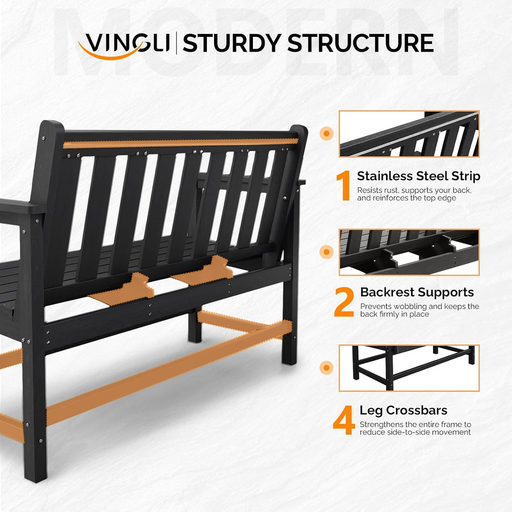 VINGLI 49in HDPE Outdoor Bench with Backrest and Armrests, 2-Person Weatherpr...