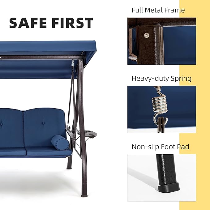 HOMREST 3 Seat Outdoor Porch Swing with 1.5" Deepened Cup Holder, Adjust...