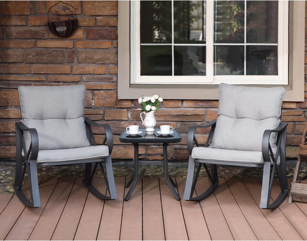 COSIEST 3 Piece Bistro Set Patio Rocking Chairs Outdoor Furniture w Warm Gray...