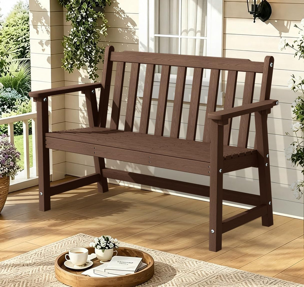 48" HDPE Weatherproof Outdoor Bench, Garden Porch Benches, Brown