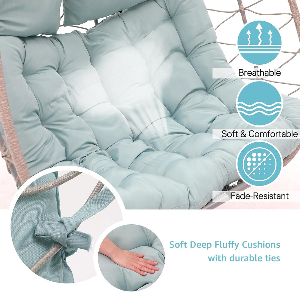 Patiorama 2 Person Double Egg Swing Chair with Stand, Wicker, Light Blue