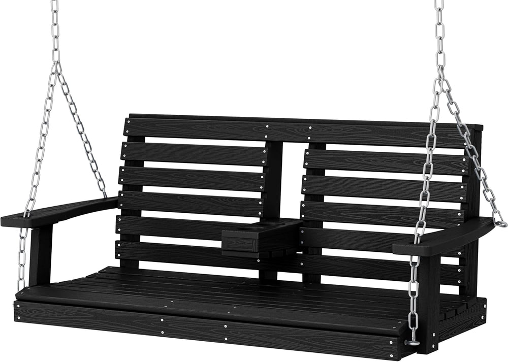 Outdoor Hanging Porch Swing, Patio Swing with Cup Holders, Black