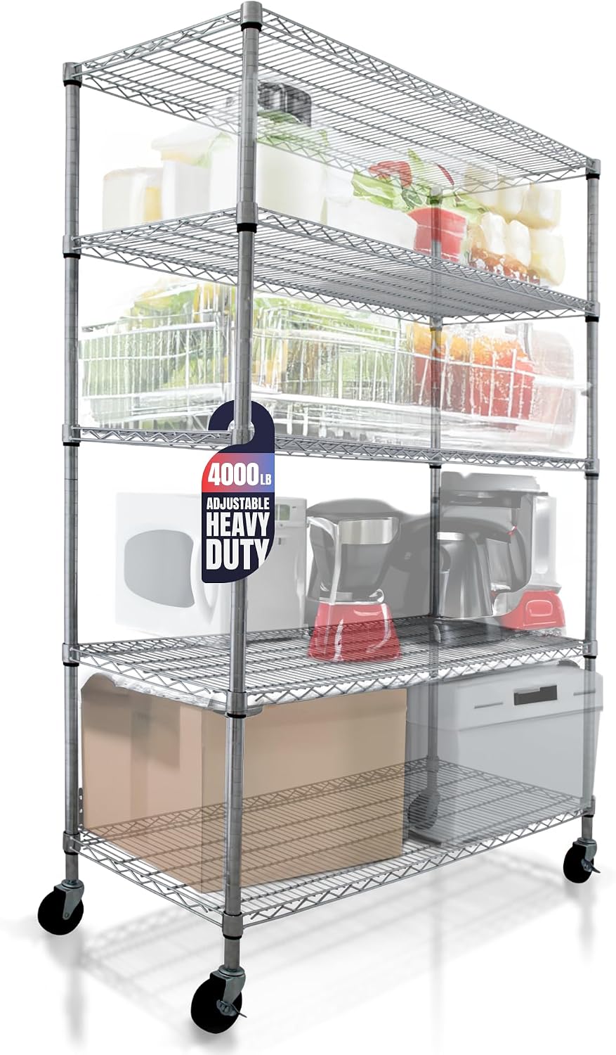 4000 LBS Heavy Duty Wire Rack, 48 x 24 x 76, 5-Tier NSF Commercial Rolling Ra...