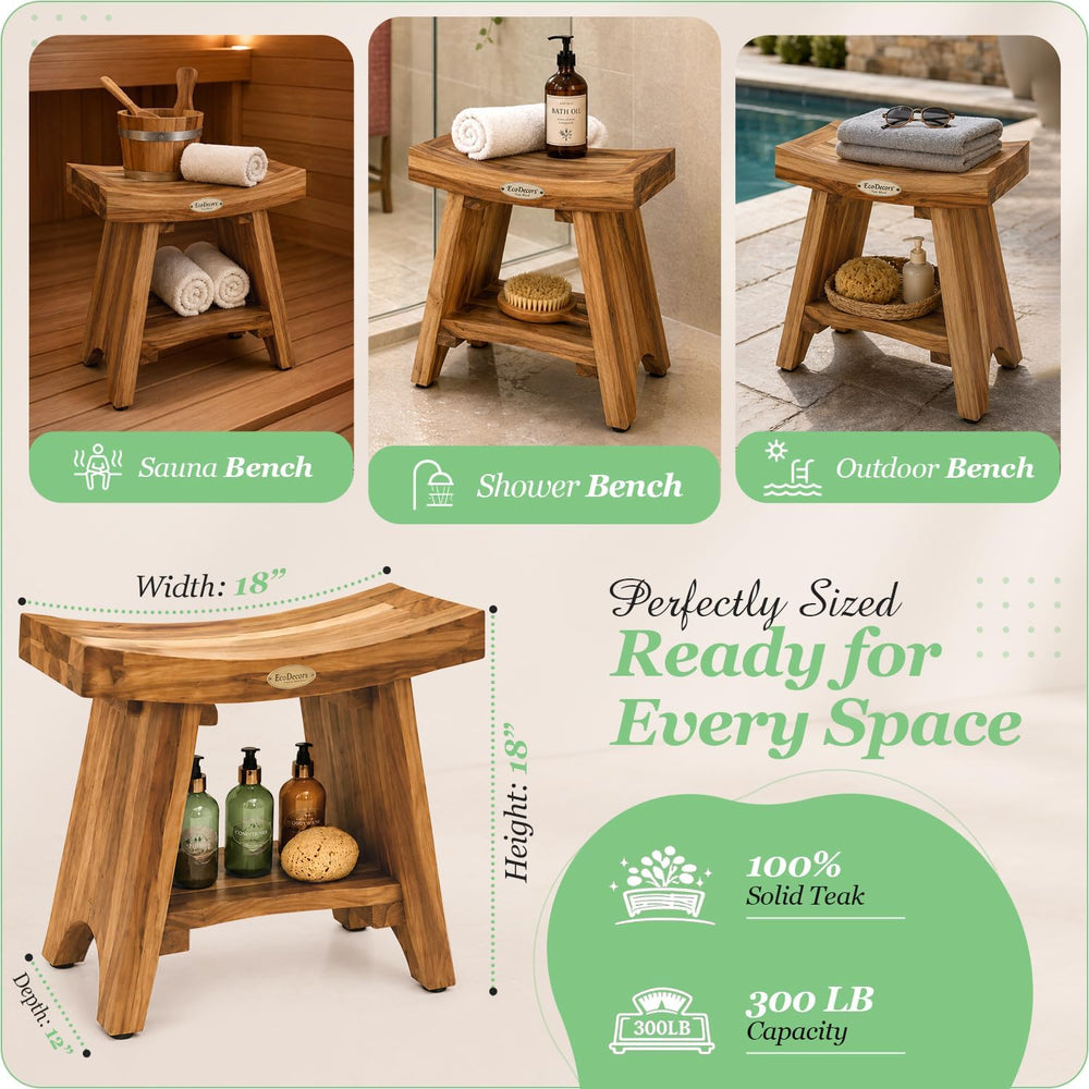EcoDecors 18" Teak Shower Bench with Shelf, Solid Teak Wood Shower Stool