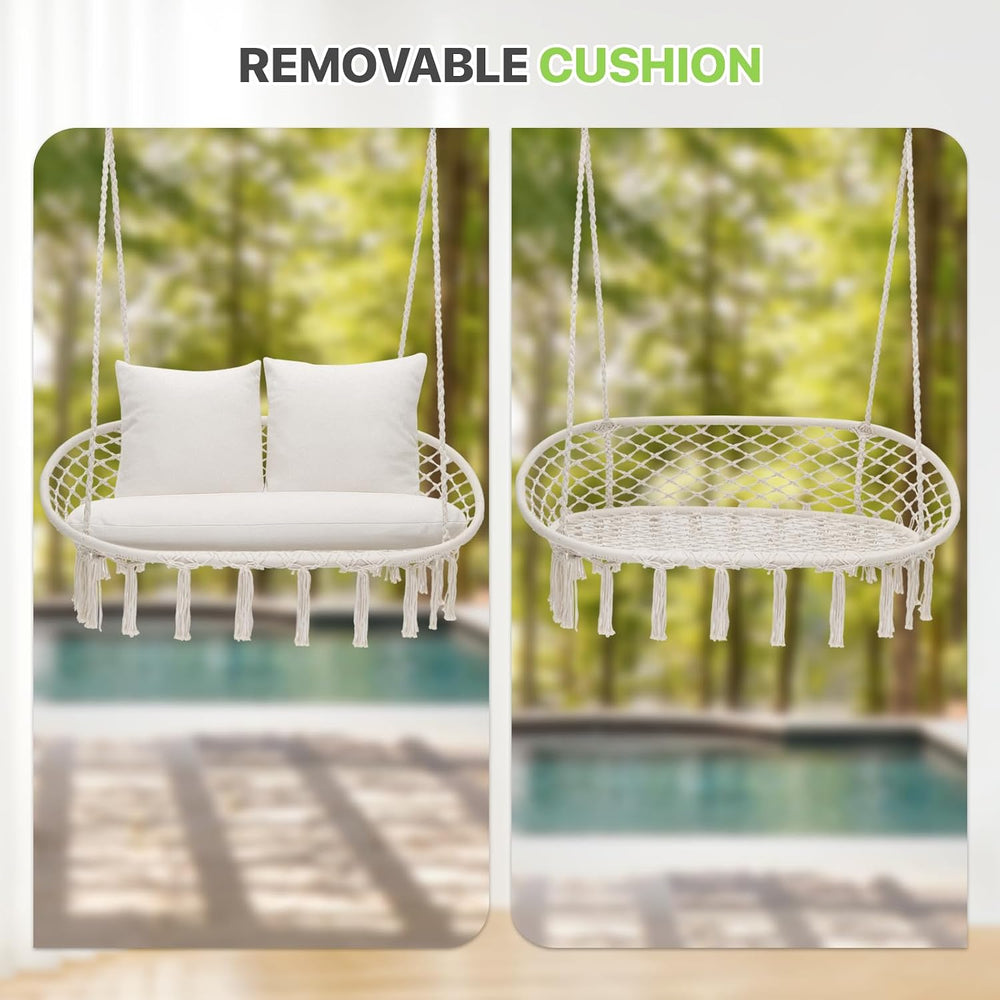 Magshion 2-Person Macrame Hanging Hammock Swing Chair, Beige
