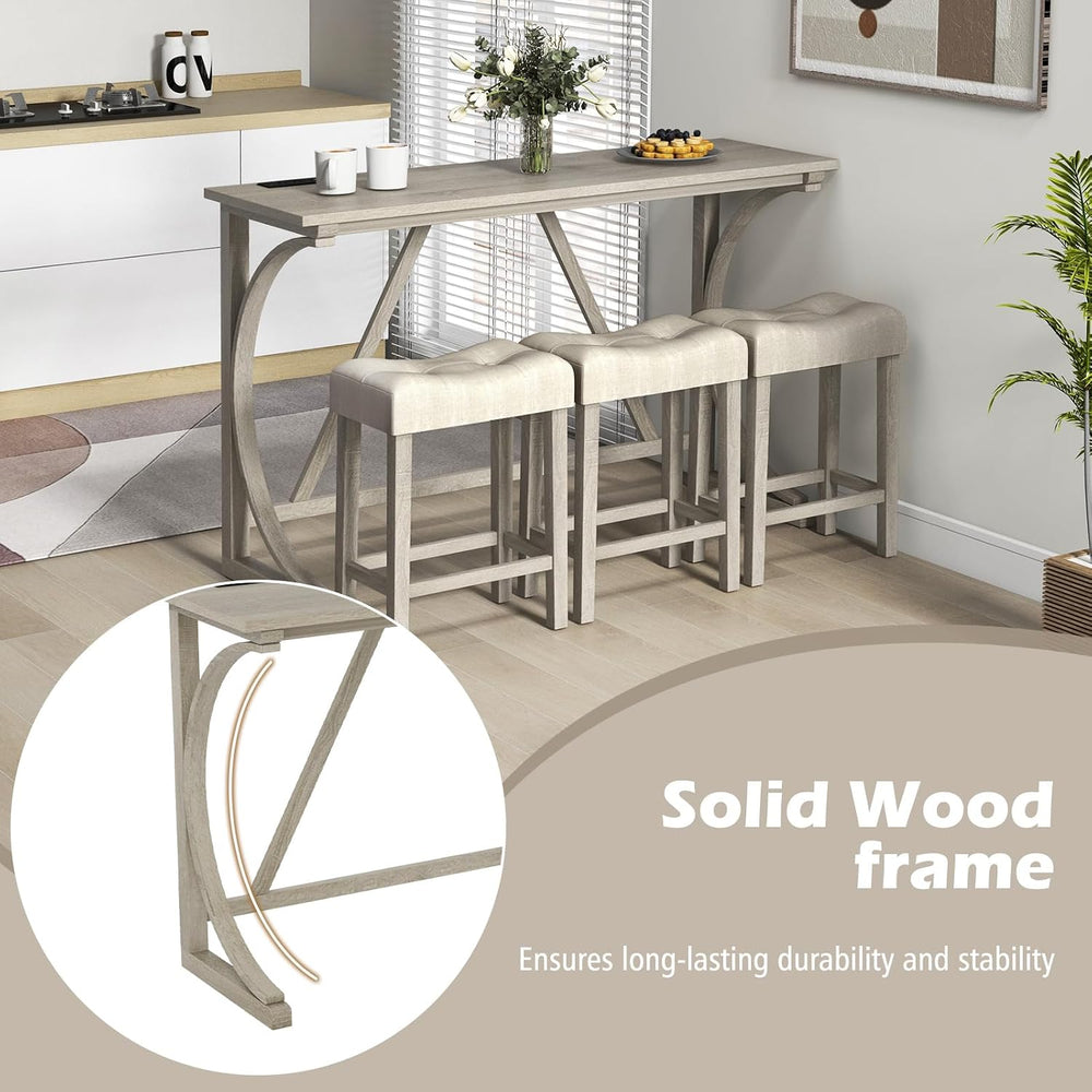 COSTWAY 4-Piece Farmhouse Bar Table Set with Power Outlet