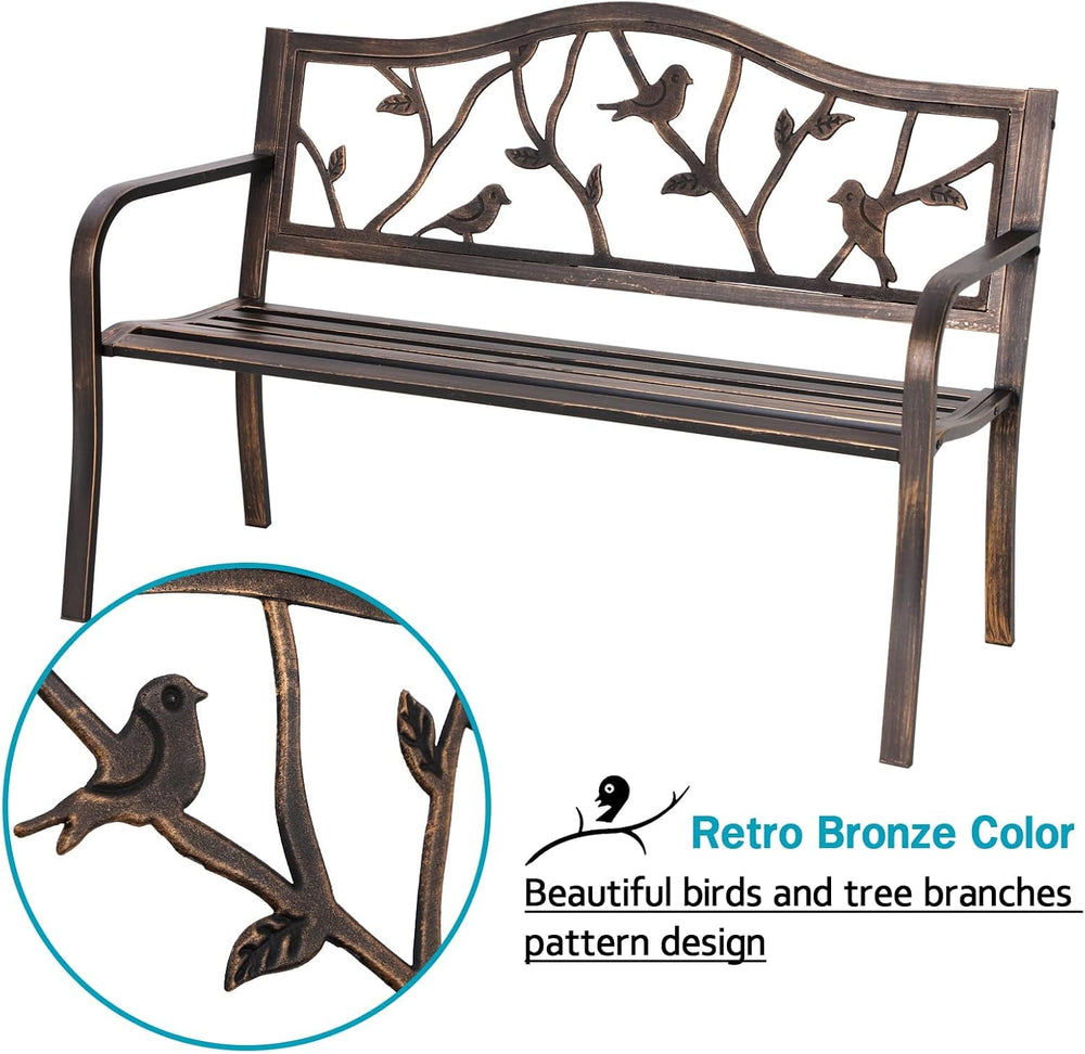 MFSTUDIO Outdoor Metal Bench Set of 2, 50" Bronze Bird Pattern