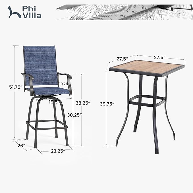 PHI VILLA 3Pcs Outdoor Swivel Bar Stools Set, Bar Height Patio Table and Chai...