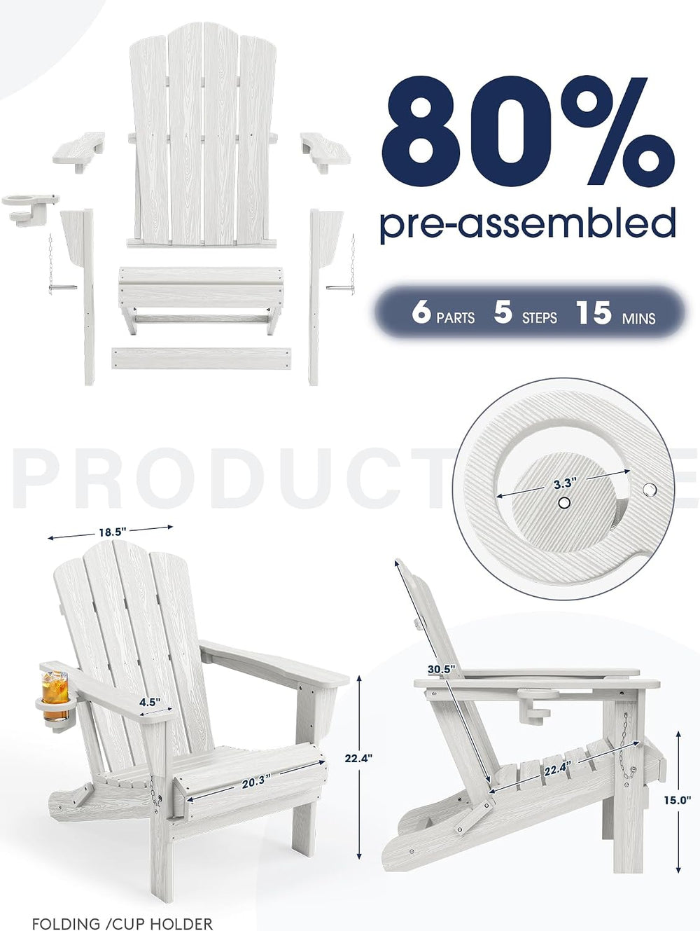 KINGYES Folding Adirondack Chair Set of 2 with Cup Holder, White