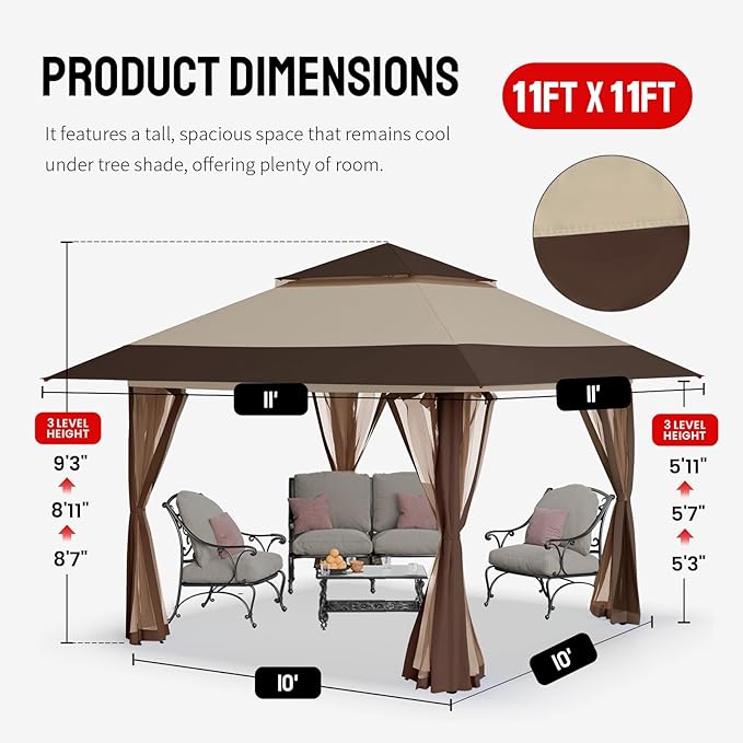 CROWN SHADES 11x11 Pop Up Gazebo, Patented One Push Outoor Canopy Tent with W...