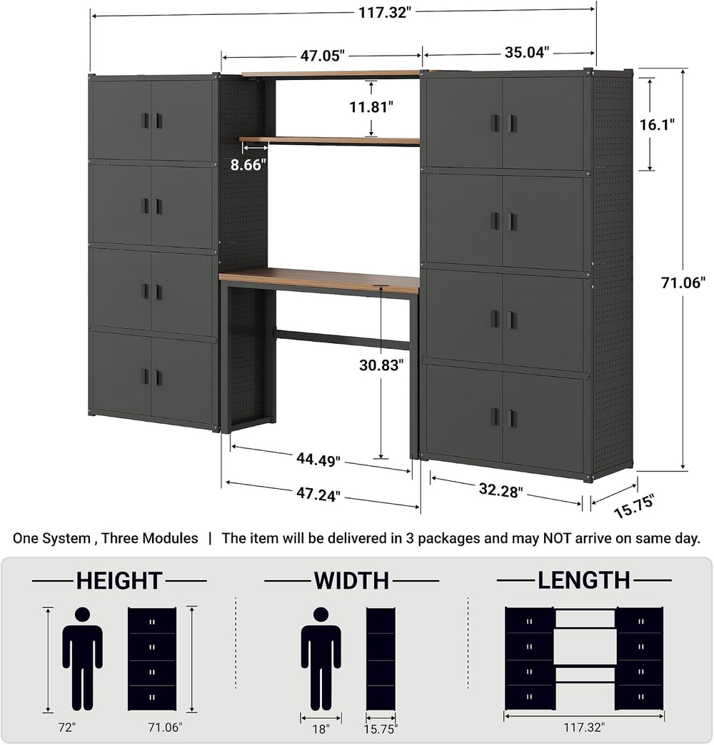 FLEXIMOUNTS 117"L Modular Garage Storage Cabinet with Workbench, Black
