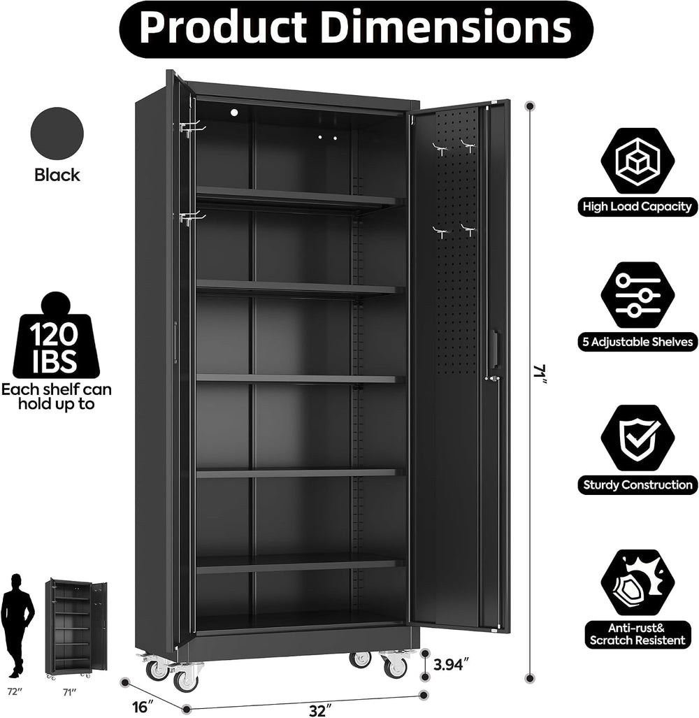 Aobabo 71" Metal Storage Cabinet with Wheels, 5 Shelves & Pegboards,...