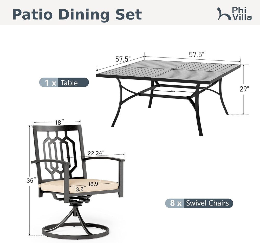 PHI VILLA 9 Pcs Outdoor Dining Set, 57.5" Metal Table&Swivel Chairs