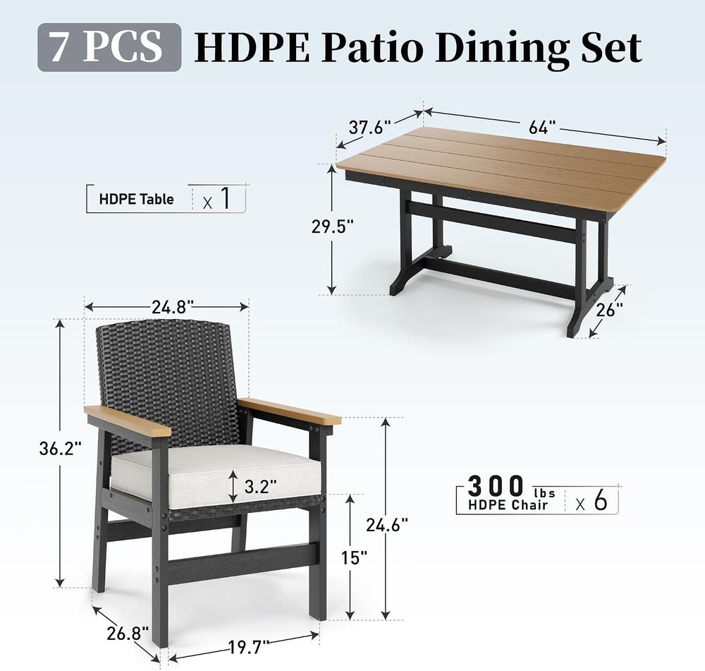 SUNSHINE VALLEY 7pc Patio Dining Set, HDPE 64" Table & 6 Chairs