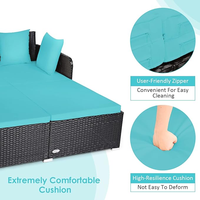 COSTWAY Outdoor Patio Rattan Daybed, Sponge Cushioned Loveseat Sofa with 4 Pi...