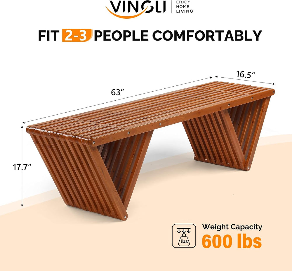 VINGLI Outdoor Bench - 63" Patio Bench, Wooden, All Weather, 600lb Capacity