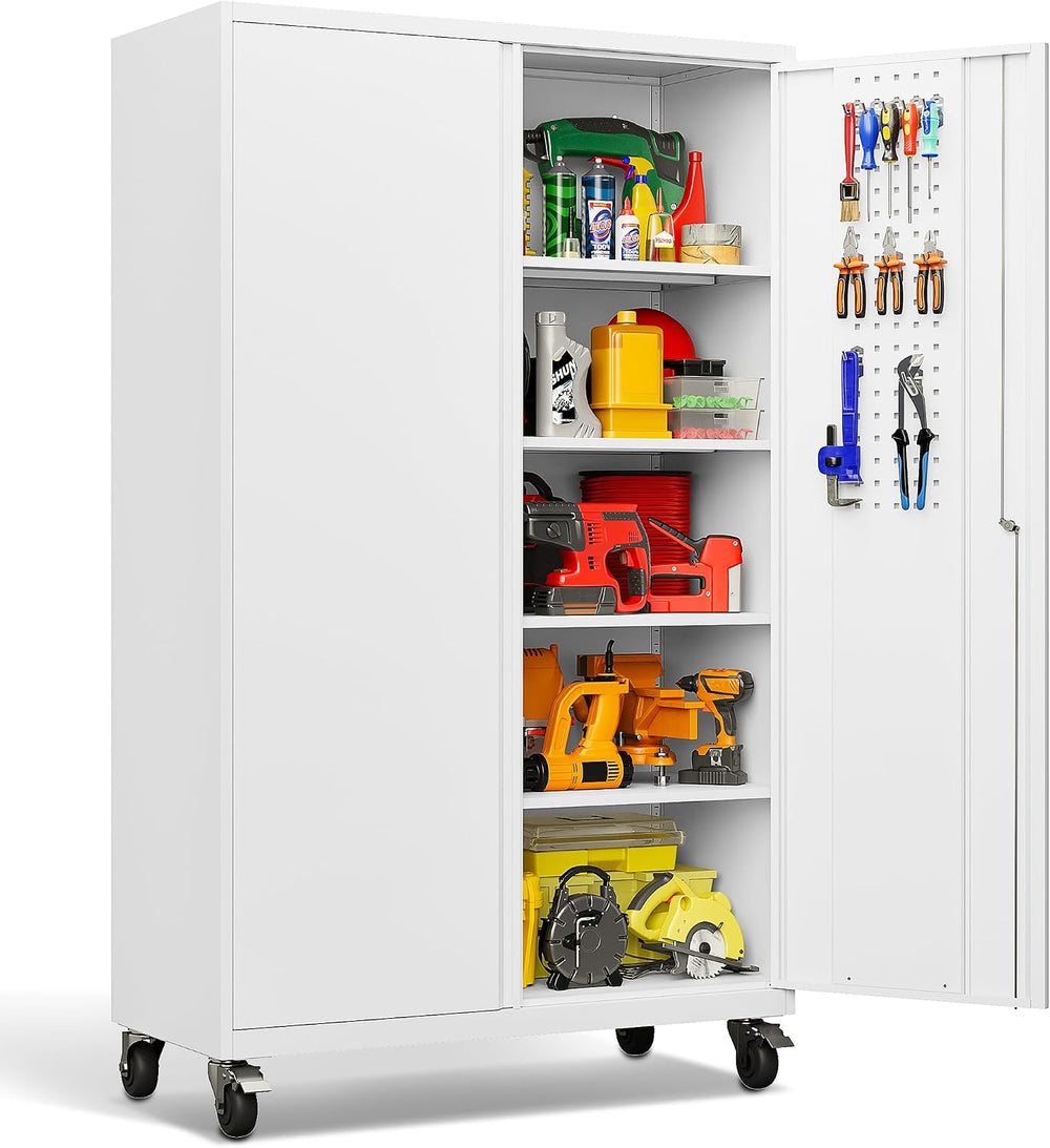 SISESOL White Wide & Deep Metal Storage Cabinet with Wheels,Tall Rolling ...