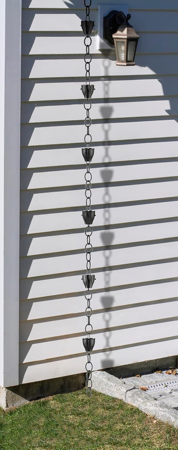 6 Cup Crocus Black Aluminum 8.5 ft. Rain Chain with Gutter Installation Clip ...