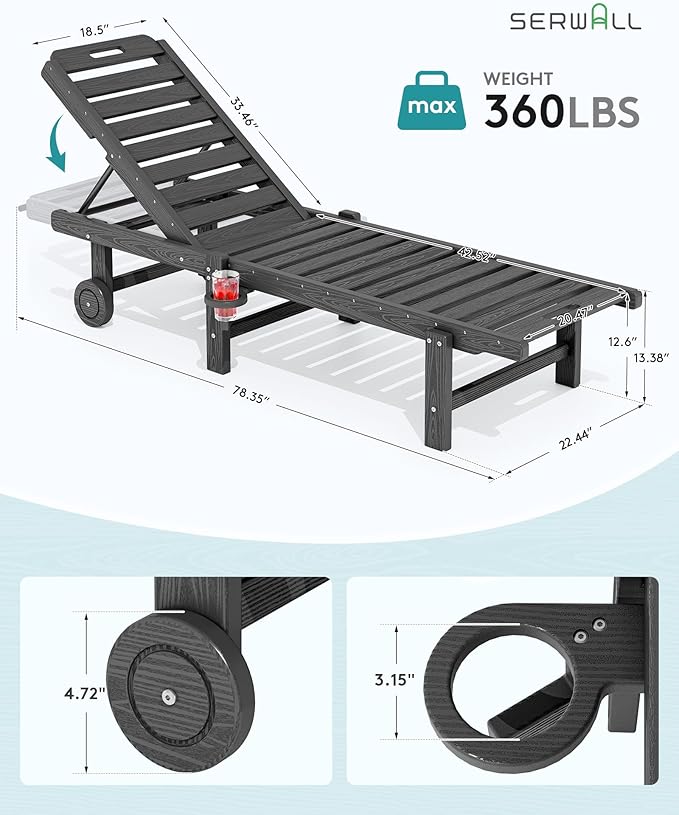 SERWALL Outdoor Chaise Lounge Chair, HDPE Patio Lounge Chair with Cup Holder,...