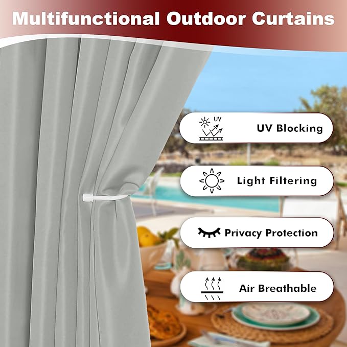 HolidayIdeas Grommet Outdoor Curtains for Patio Waterproof 8 Pcs All Weather ...