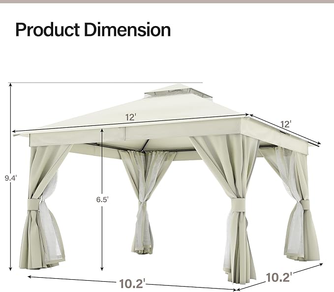 LAUSAINT HOME Semi-Permanent Outdoor Patio Gazebo 12'x12', Heavy Duty...