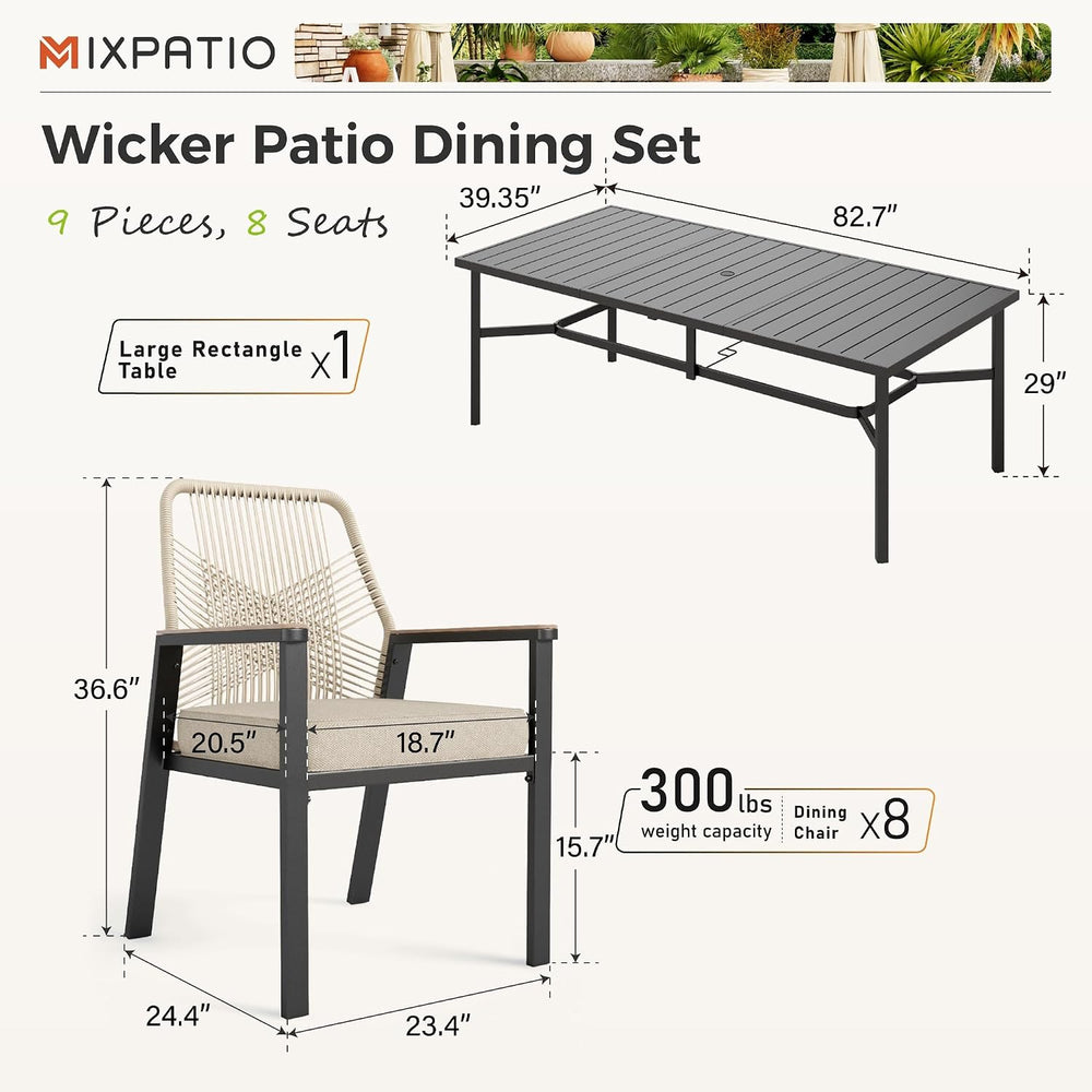 9pc Patio Dining Set, 83" Rectangular Metal Table, 8 Rattan Chairs