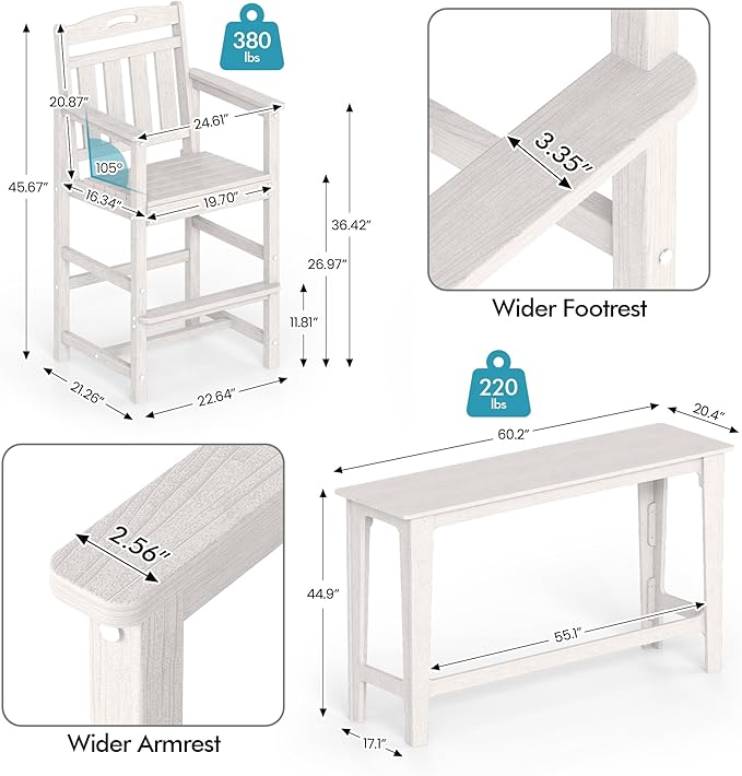Ciokea Outdoor Bar Height Table Set of 5, 60" Extra Long Rectangle High ...