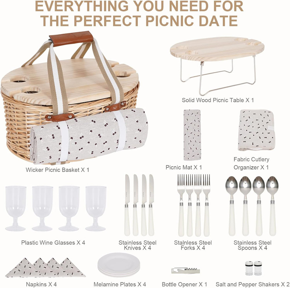 Picnic Basket Set for 4 - Wicker Insulated Picnic Basket