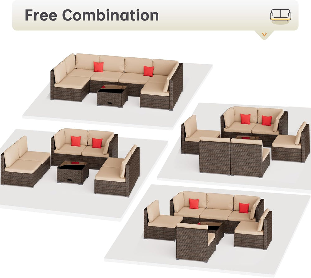 LHBcraft 7 Piece Outside Sectional Furniture Set, All Weather Wicker Patio So...