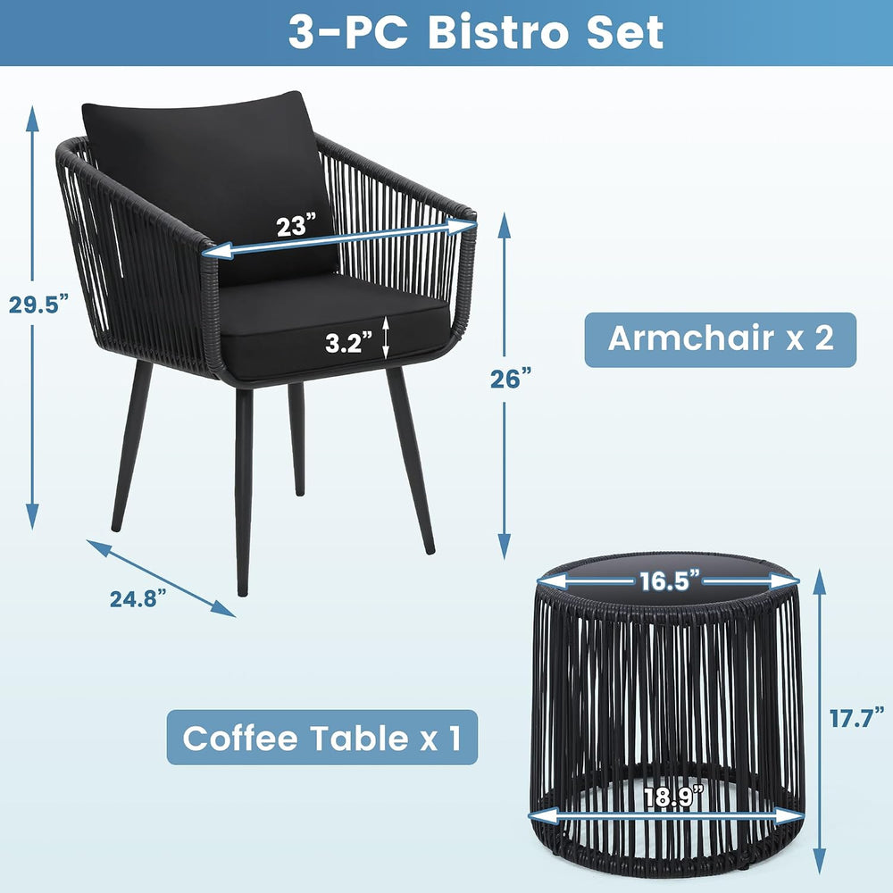 Kromax 3-Piece Patio Rattan Bistro Conversation Set, Black