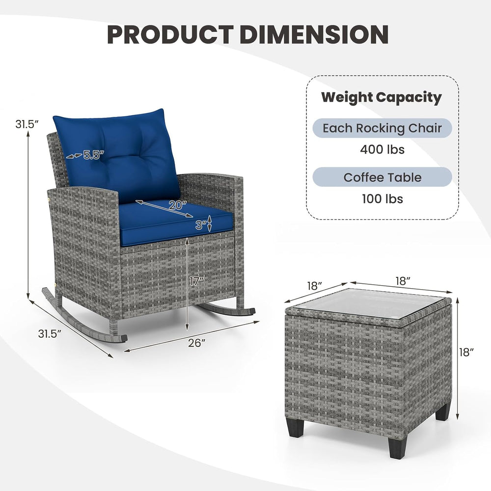 HAPPYGRILL 3 Pieces Patio Rattan Rocking Bistro Set, PE Wicker Rocking Chairs...