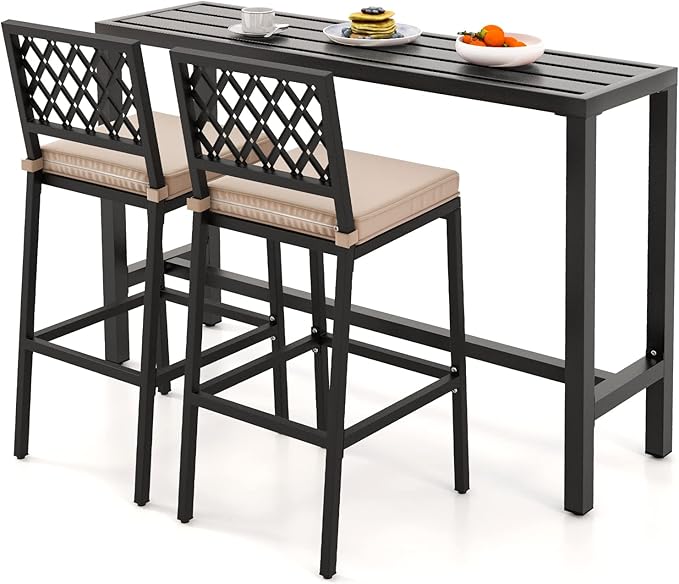 COSTWAY 3 Piece Outdoor Bar Table and Chairs Set, 55" Pub Height Bar Tab...