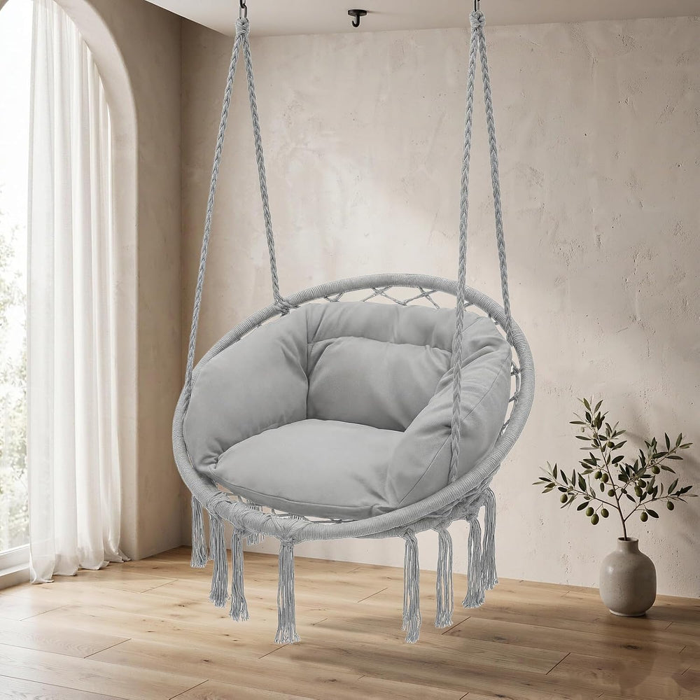 Monibloom Hanging Hammock Chair with Cushion, Macrame Swing Chair, Gray
