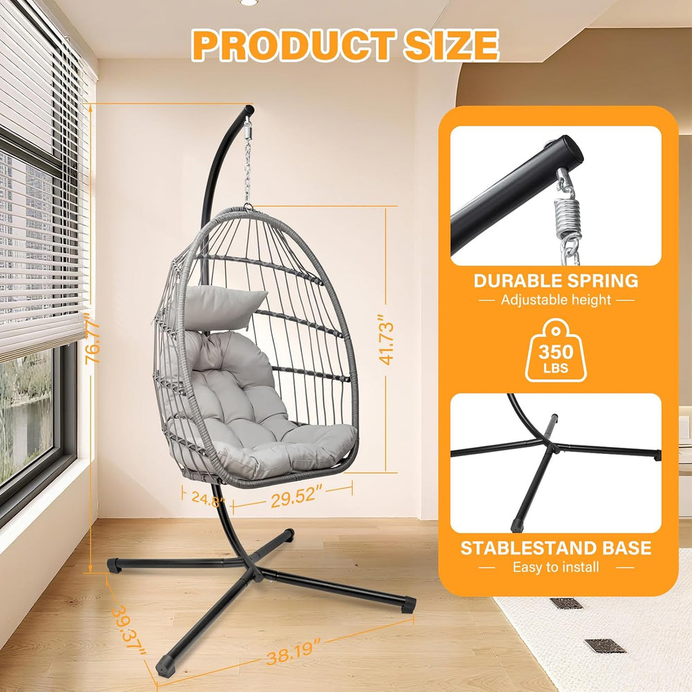Hanging Egg Chair with Stand, Patio Wicker Hammock Egg Swing Chair with Cushi...