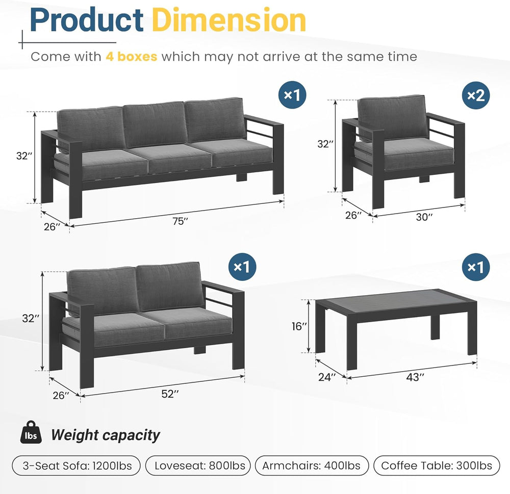 Patio Furniture Set, Aluminum Outside Furniture, Sofa with 10" Back Cushion